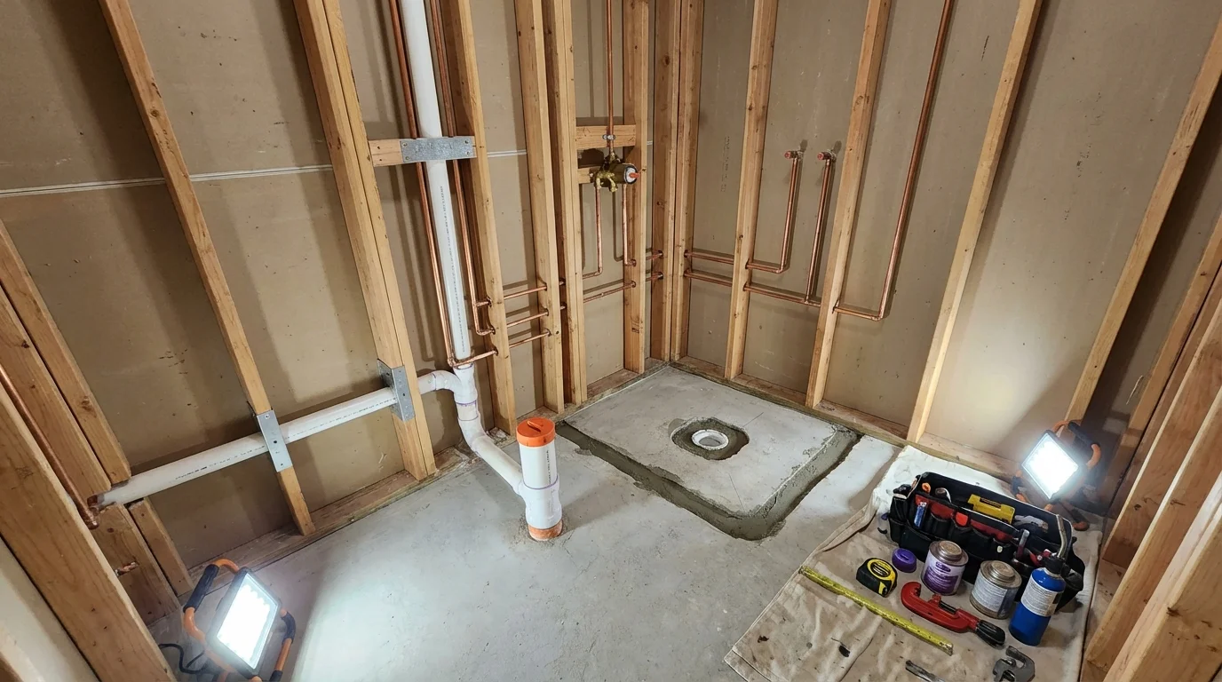 Bathroom rough-in plumbing during remodel by Johns Plumbing LLC in Griffin