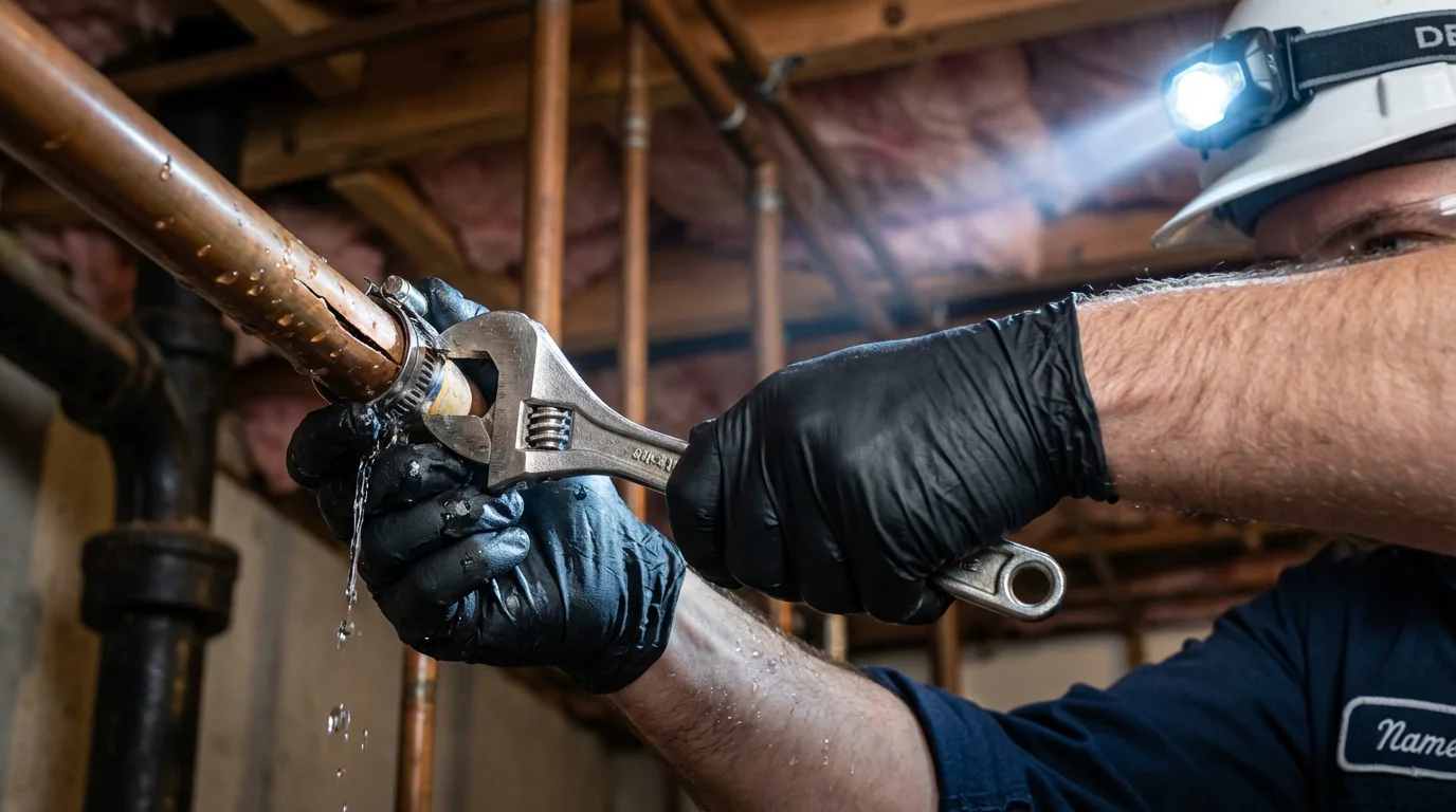 Emergency pipe clamp repair being performed by a Johns Plumbing LLC plumber in Griffin