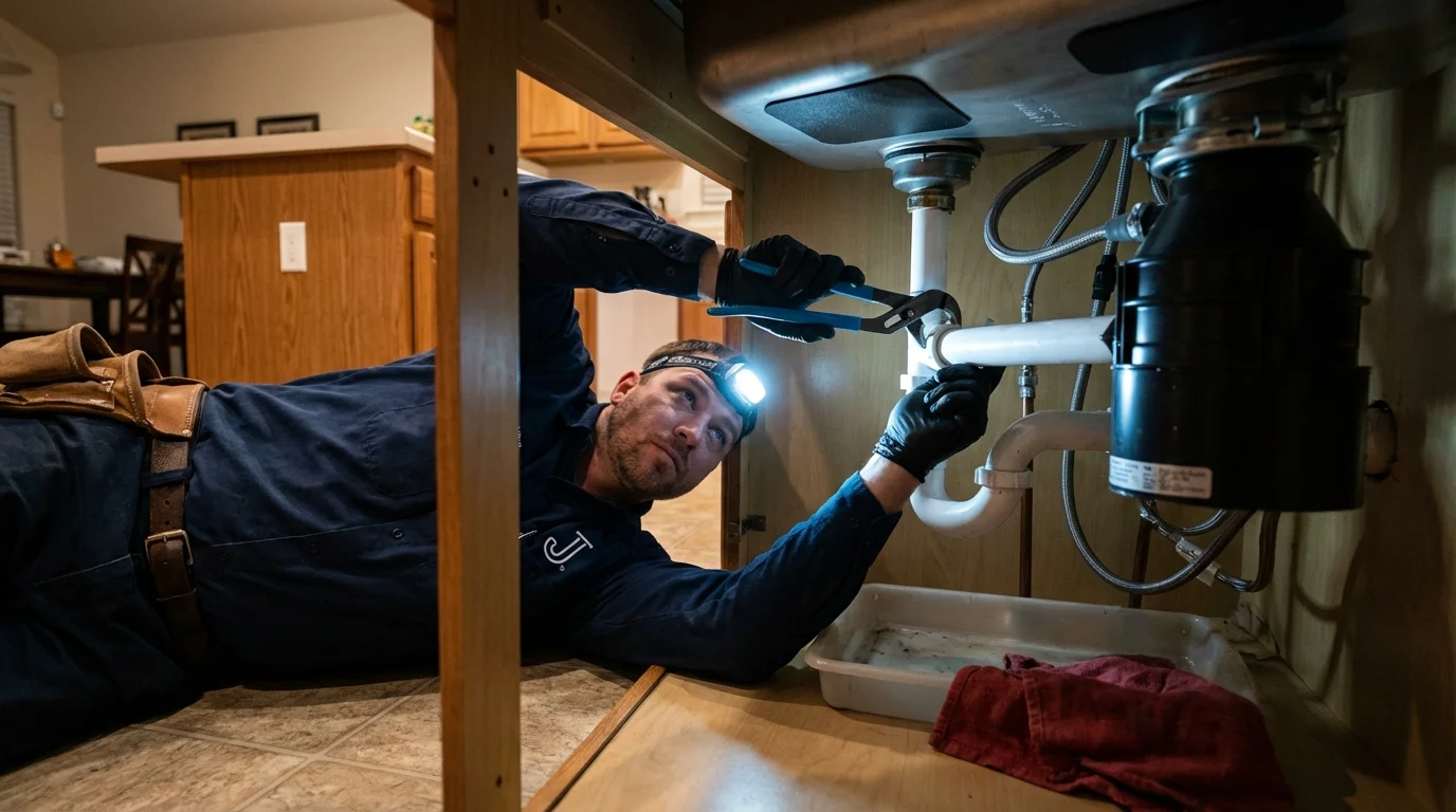 P-trap and supply line connections under a kitchen sink showing a common leak point in Griffin, GA